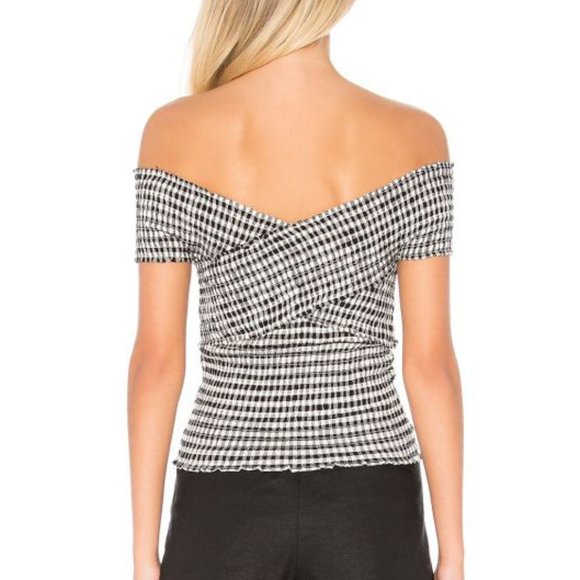 Cupcakes Cashmere Bowman Top Off-The-Shoulder Smocked Gingham Wrap Bardot Blouse - Picture 2 of 9